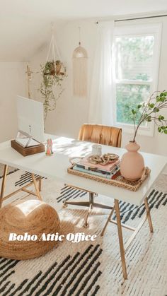 a room with a white table and some plants