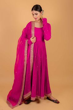 Buy Ikshita Choudhary Pink Cheese Cotton Sequin Embroidered Anarkali Online | Aza Fashions Dresses Anarkali, Anarkali Designs, Kurtis Design, Stylish Kurtis, Indian Suit, Patterns Flowers, Embroidered Anarkali, Dress Book