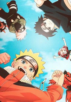 an image of some anime characters flying in the air with their faces painted red and black