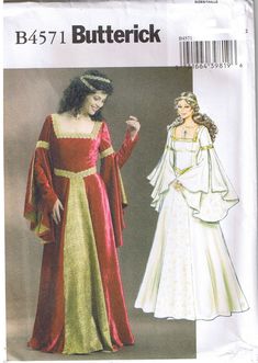 "Butterick Costume Sewing Pattern #4571 Medieval/Renaissance Princess Queen Wedding Dress Costumes Plus Sizes: 14, 16, 18 & 20 This women's Butterick costume sewing pattern is new, uncut and complete with original factory folds. This costume pattern is for a Renaissance era gown, a Princess or Queen dress or would also work as a bridal gown. This Misses gown is fitted, flared and floor length with lined bodice, three piece sleeve with finger thread loop and back lacing. Suggested fabrics are Red Fantasy Style Wedding Dress, Fitted Red Princess Costume, Princess Style Wedding Costume With Fitted Bodice, Princess Wedding Costume With Fitted Bodice, Red Fitted Wedding Costume, Red Fantasy Wedding Dress, Red Fitted Medieval Dress For Wedding, Fitted Princess Style Medieval Wedding Dress, Fitted Princess Medieval Dress For Wedding