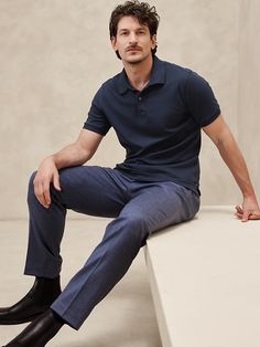 Saw this on Banana Republic: Ceo Attire Man, Mens Warehouse Suits, Classic Men Style Casual, Polo And Slacks Men, Men’s Formal Fashion, Polo Azul Marino Hombre Outfit, Formal Fits For Men, Navy Polo Outfit Men, Men’s Clothing Business Casual