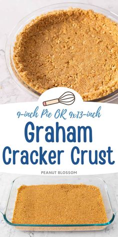 graham cracker crust in a glass casserole dish with a sign over it