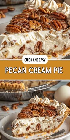 a pecan cream pie on a white plate with the words, quick and easy pecan cream pie