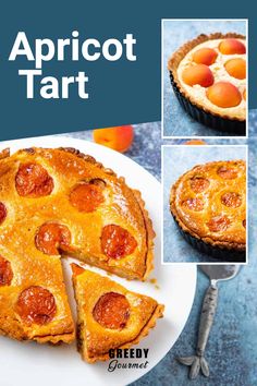 the cover of an article about apricot tart on a plate with two slices taken out