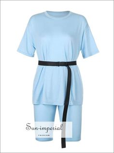 Women Solid Sky Blue Basic T Shirt and  biker Shorts Two Piece Set with Belt T Shirt And Biker Shorts, Rhinestone Lingerie, Tee Shirt Outfit, Tiger Hoodie, Long Tee Shirts, Purple Tops, Shorts Pattern, Casual Tees, Pant Length