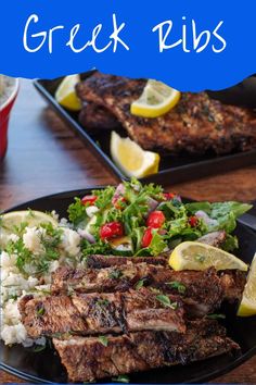 Greek ribs on a black plate with salad and rice and a platter of ribs in the background Greek Ribs Bbq, Mediterranean Pork Ribs, Greek Ribs Recipe Oven, Mediterranean Ribs, Greek Ribs Recipe, Greek Style Potatoes, Creative Meals, Pork Ribs Grilled