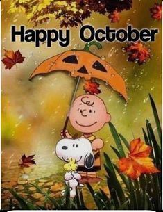 a cartoon character holding an umbrella with the caption happy october written on it,