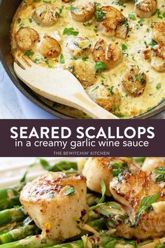 two pictures with different types of food in them and the words seared scallops in