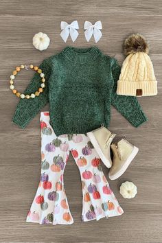 Green Sweater Pumpkin Bell Bottom Set | Sparkle In Pink Toddler Girl Pumpkin Patch Outfit, Mommy And Me Bell Bottom Outfits, Infant Fall Outfits Girl, Kids Bell Bottom Outfits, Baby Girl Bell Bottom Outfit, Western Baby Clothes, Baby Girl Fall, Sweater Pumpkins, Sparkle In Pink