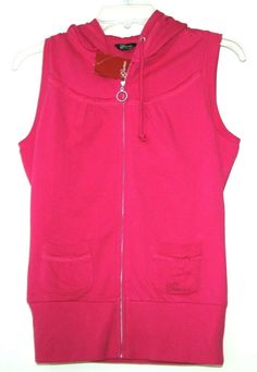 100% AUTHENTIC GUESSWILD WATERMELON/FUSCHIA HOODED SLEEVELESS SWEATSHIRT SIZE MEDIUM BRAND NEW with TAGS! 100% AUTHENTIC GUARANTEED Very Stylish!  DESCRIPTION  WOMEN'S SIZE SMALL AND/OR MEDIUMWILD WATERMELON/ FUCHSIA ZIP UP SLEEVELESS HOODED SWEATSHIRT EMBROIDERED GUESS LOGO ON ONE OF THE FRONT POCKETS   TWO POCKETS ON THE FRONT 100% COTTON  COMES FROM A SMOKE FREE HOME *PLEASE NOTE THIS ITEM WILL ONLY BE ACCEPTED FOR RETURN IF IT IS IN THE ORIGINAL CONDITION; UNWASHED, UNWORNAND WITH ORGINAL TA Hooded Sportswear Tops For Leisure, Pink Stretch Tops For Leisure, Pink Stretch Top For Leisure, Stretch Sleeveless Leisure Tops, Stretch Sleeveless Top For Leisure, Sleeveless Top With Drawstring Hood For Spring, Pink Sleeveless Top For Winter, Spring Casual Loungewear Vest, Sporty Vest Top For Fall