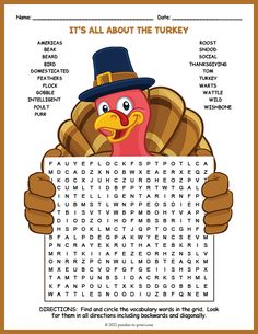 a thanksgiving word search with a turkey wearing a pilgrim hat and holding up a sign that says it's all about the turkey