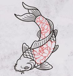 a drawing of a koi fish with flowers on it's tail and head