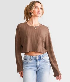 Hyfve Favorite Date Oversized Crop Top - Brown Large, Women's Mochabrown Ribbed knit top Lettuce trim Bust measures 52 on size small Body length 14 on size small. 63% Polyester 32% Cotton 5% Spandex. Hand wash cold water. Do not bleach. Line dry. Iron low. Do not dry clean.. Measurements: Bust -Fullest part of bust with arms at sides. Waist -Circumference of natural waist: above belly button below rib cage. Hips -Standing with feet together fullest part of hips. WOMEN'S TOP SIZE CONVERSION CHART Oversized Ribbed Brown Top, Brown Ribbed Top For Loungewear, Ribbed Brown Top For Loungewear, Oversized Crop Top, Crop Top For Women, Ribbed Knit Top, Conversion Chart, Top For Women, Women Shirts Blouse