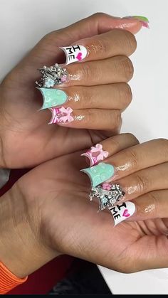 Nail Ideas Junk Nails, Silver Birthday Nails, Birthday Acrylic Nails, Cute Birthday Nails, Gel X Nail Designs, Duck Nail Designs, Duck Nails Acrylic, Nail Designs Bling, Nail Pics