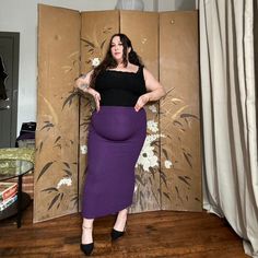 1990s Dynamite Purple Midi Skirt. Polyester Spandex. Tag size Large. Good condition. W 34-46 H 44-52 L 40 Models height: 5'3 Bra size: 44DD  Measurements: 50 44 58  Usually wears 1X 2X top 2X 3X bottoms    All sales are final. Reminder these items are vintage, expect wear & age to be present. I do my best to point out flaws. Measurements are taken in inches with the garment laying flat. Measurements are then doubled where appropriate (bust hips waist).  Feel free to make an offer, however I only 3x Womens Fashion, Purple Midi Skirt, Normal Body, Plus Size Boutique, Curvy Model, Plus Size Vintage, Plus Size Beauty, Curvy Girl Outfits, Curvy Fashion