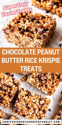 chocolate peanut butter rice krispie treats with text overlay