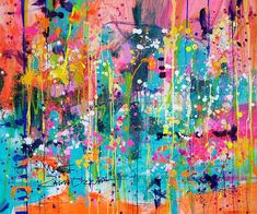 an abstract painting with multicolored paint splattered on it