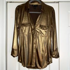 Reposhing This Item Questions? Leave A Comment Below! Gold Long Sleeve Tops For Night Out, Gold Button-up Blouse For Night Out, Gold Button-up Top For Night Out, Gold Fitted Casual Blouse, Gold Shirt For Workwear In Fall, Chic Gold Collared Top, Gold Button-up Top For Workwear, Gold Button-up Top For Work, Gold Blouse For Night Out