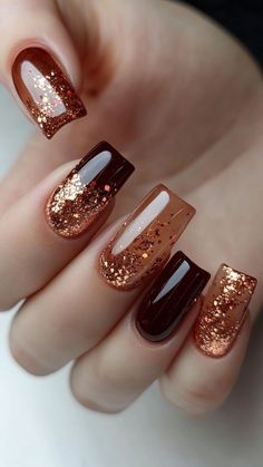 Fall Shimmer Nails, Glitter Fall Nails Acrylic, Gel Nails Polish Ideas, Copper Color Nails, Fall Sparkle Nails Glitter, Square Sparkle Nails, Nail Ideas Sparkle, Fall Glitter Nail Designs, Nails Design 2024