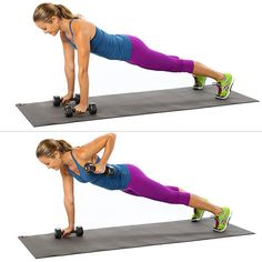 a woman is doing a push up with dumbbells