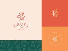 the logo for krudi raw cakes is shown in three different colors and shapes