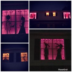 four different shots of halloween decorations in windows at night and on the inside, outside