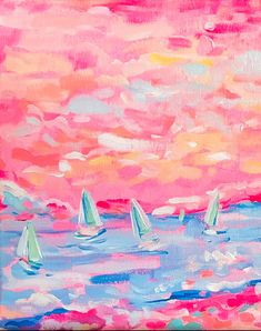 a painting of sailboats in the ocean at sunset with pink and yellow clouds behind them