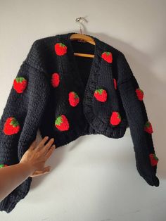 Black strawberry cardigan is cropped and hand knitted for all seasons. İt is casual sweater,you can wash it in the machine sensitively. This chic vegan cardigan is knitted  with cotton yarns ,no itchy.The embroideries are 3d and crocheted. İt will be your favorite casual piece! Measurement for M size Width 50-55 cm  Length 45-50 cm I have all the intellectual property rights on the strawberry round shape cardigan. Strawberry Cardigan, Frog Girl, Strawberry Sweater, Black Strawberry, Heart Cardigan, Knitted Heart, Property Rights, Cardigan Crop, Women Outfit