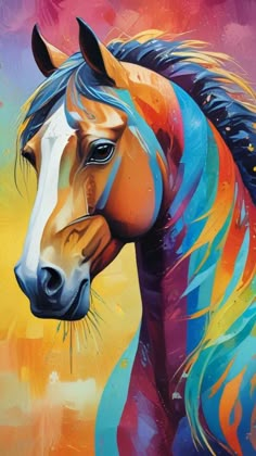 a painting of a horse with multicolored manes