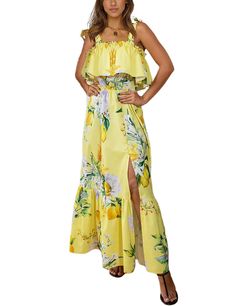 Yellow Floral Print Ruffled Split Maxi Dress Yellow Ruffle Hem Maxi Dress For Spring, Yellow Maxi Sundress With Ruffles, Yellow Ruffled Maxi Sundress, Split Maxi Dress, Women Dresses, Yellow Floral, Yellow Dress, Maxi Dresses, Dresses Maxi