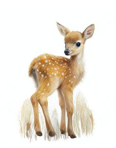 a drawing of a baby deer standing on top of dry grass in front of a white background