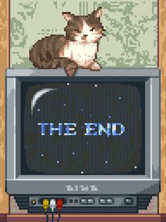 a cat sitting on top of a tv screen with the word the end written in it