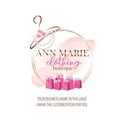 the logo for ann marie clothing boutique, with pink shopping bags in front of it