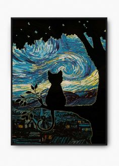 a painting of a cat sitting on top of a tree branch in front of a night sky