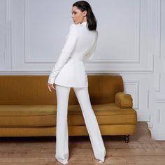 Women Suit Blazer With Belt +Flare Pants Set / Fashionsarah.com Chic Fitted Pantsuit With Suit Collar, Chic Fitted Sets With Suit Collar, Elegant Long-sleeved Slim Fit Sets, Elegant Long Sleeve Slim Fit Set, Elegant Slim Fit Long Sleeve Sets, Elegant White Sets For Fall, Elegant Wedding Dress Pants, Elegant Dress Pants For Wedding, Elegant Full-length Dress Pants For Wedding