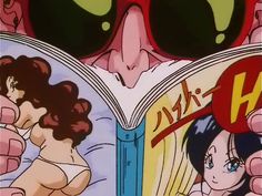 an anime character is reading a book with sunglasses on her head and holding up the cover