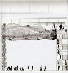 an architectural drawing of people walking up and down stairs in front of a large structure