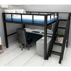 a loft bed with desk underneath it