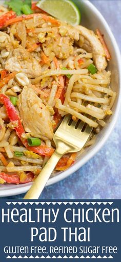 healthy chicken pad thai noodles in a white bowl