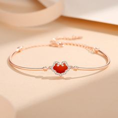 Fashion Element: Ruyi, Xiangyun Style: Chinese Style Elegant Red Bracelet For Gift, Elegant Red Heart Bracelet Gift, Elegant Red Heart Bracelet For Gift, Elegant Red Bracelets With Adjustable Chain, Fine Jewelry Bracelets For Valentine's Day Gift, Sterling Silver Bangle For Valentine's Day, Rose Gold Round Bracelets As Gift For Her, Rose Gold Round Bracelets, Perfect Gift For Her, Elegant Heart-shaped Bracelet For Gift