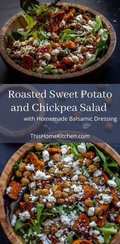 Bowls of leafy greens topped with sweet potatoes, chickpeas, and feta cheese Sweet Potato Chickpeas, Homemade Balsamic Dressing, Creamy Feta, Spiced Chickpeas, Feta Recipes, Roasted Sweet Potato, Cheese All