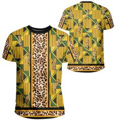 Ghana Kente Leopard King Tee Casual Tops With Exclusive Print And Crew Neck, Casual Crew Neck Top With Exclusive Print, Patterned Crew Neck Printed T-shirt, Casual Green Tops With Digital Print, Yellow Casual T-shirt With All Over Print, Casual Yellow T-shirt With All Over Print, Yellow Printed Crew Neck Shirt, Streetwear Patterned Tops With All Over Print, Yellow All Over Print Short Sleeve T-shirt