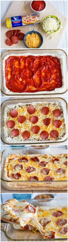 four pans filled with different types of pizza and one has pepperoni on it