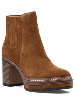 Cognac suede upper Cushioned footbed Rubber sole Inside zipper entry Stretch gore insert Approx. 3.75" stacked heel Approx. 1.5" platform Boots Cognac, Brown Ankle Boots, Suede Boots, Stacked Heel, Wedge Boot, Cognac, Steve Madden, Rubber Sole, Ankle Boots