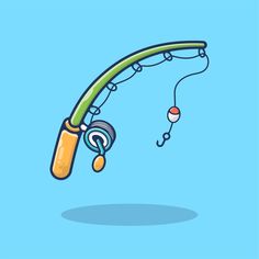 an illustration of a fishing rod with a lure hanging from it's end on a blue background