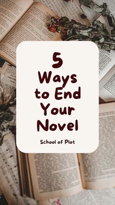 an open book with the title'5 ways to end your novel school of plot '