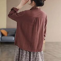 Details: Gender: Women Item Type: Blouse Material: Cotton Linen Pattern Type: Pleated Season: Spring, Autumn Style: Leisure, Daily, Retro Occasion: Going Out, Daily Size: M Length: 59.00 cm/ 23.23 " Bust: 106.00 cm/ 41.73 " Shoulder: 38.00 cm/ 14.96 " Sleeve: 56.00 cm/ 22.05 " Size: L Length: 60.00 cm/ 23.62 " Bust: 110.00 cm/ 43.31 " Shoulder: 39.00 cm/ 15.35 " Sleeve: 57.00 cm/ 22.44 " Size: XL Length: 61.00 cm/ 24.02 " Bust: 114.00 cm/ 44.88 " Shoulder: 40.00 cm/ 15.75 " Sleeve: 58.00 cm/ 22. Brown Summer Office Tops, Brown Summer Office Top, Brown Solid Color Tops For Work, Brown Cotton Long Sleeve Blouse, Brown Long Sleeve Cotton Blouse, Long Sleeve Brown Cotton Blouse, Long Sleeve Cotton Blouse In Brown, Spring Brown Solid Color Blouse, Brown Long Sleeve Office Top