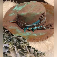 New Tag, Softer Hat, Photo, Suede, Painted Banded, Fit Small To Medium Will Measure #Handcrafted #Artisan Suede Hat, Rancher Hat, Soft Hats, Boho Hat, Desert Painting, Custom Hats, Give It To Me, Craft Projects, Women Accessories