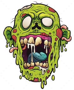 cartoon zombie face with green and red paint on it's body, mouth and tongue