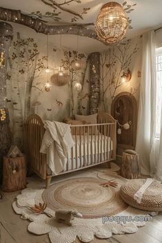 a baby's room is decorated in neutral colors and features a crib, tree stumps, lights, and curtains